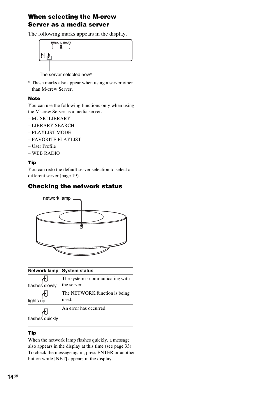 When selecting the m-crew server as a media server, Checking the network status | Sony NAS-CZ1 User Manual | Page 14 / 435