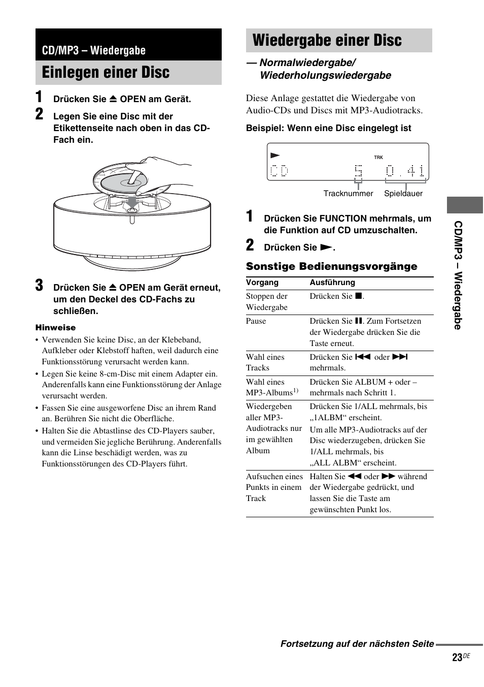 Cd/mp3 - wiedergabe, Einlegen einer disc, Wiedergabe einer disc | Normalwiedergabe/ wiederholungswiedergabe, Cd/mp3 – wiedergabe, Einlegen einer disc wiedergabe einer disc | Sony NAS-CZ1 User Manual | Page 140 / 435