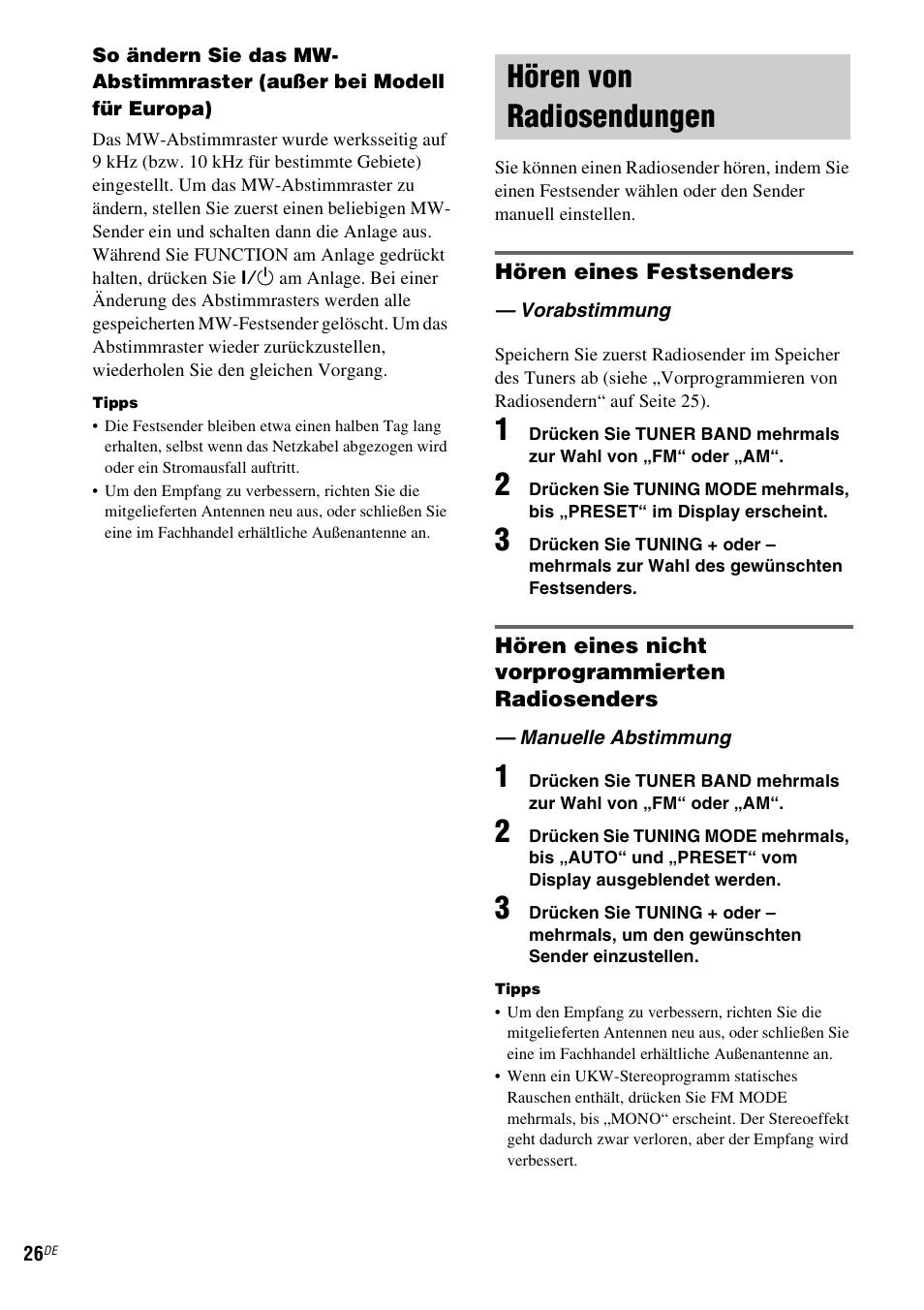Hören von radiosendungen, Vorabstimmung, Manuelle abstimmung | Vorabstimmung — manuelle abstimmung | Sony NAS-CZ1 User Manual | Page 143 / 435