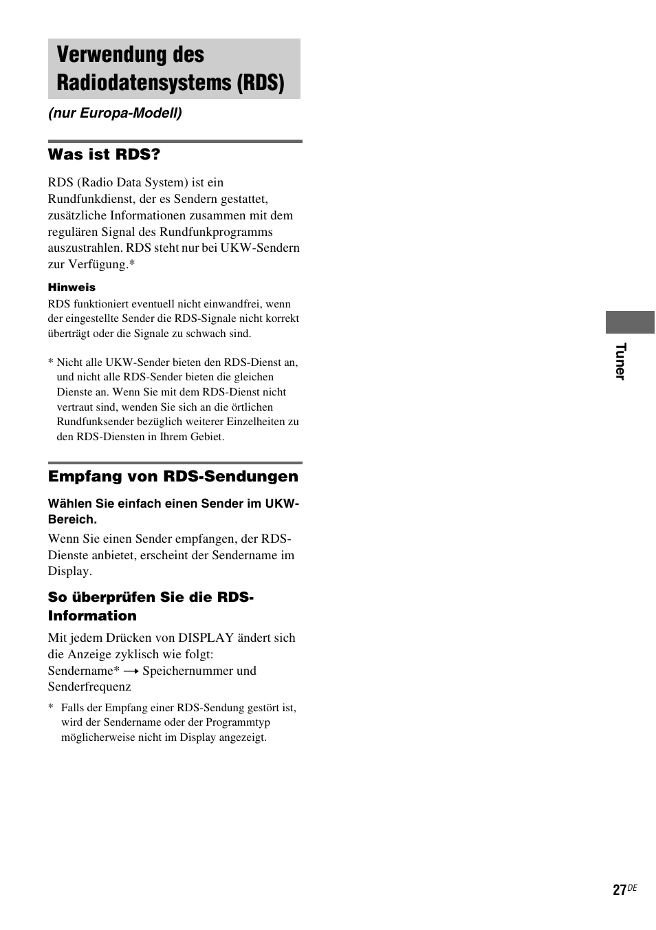 Verwendung des radiodatensystems (rds), Nur europa-modell), Verwendung des radiodatensystems | Rds) (nur europa-modell) | Sony NAS-CZ1 User Manual | Page 144 / 435