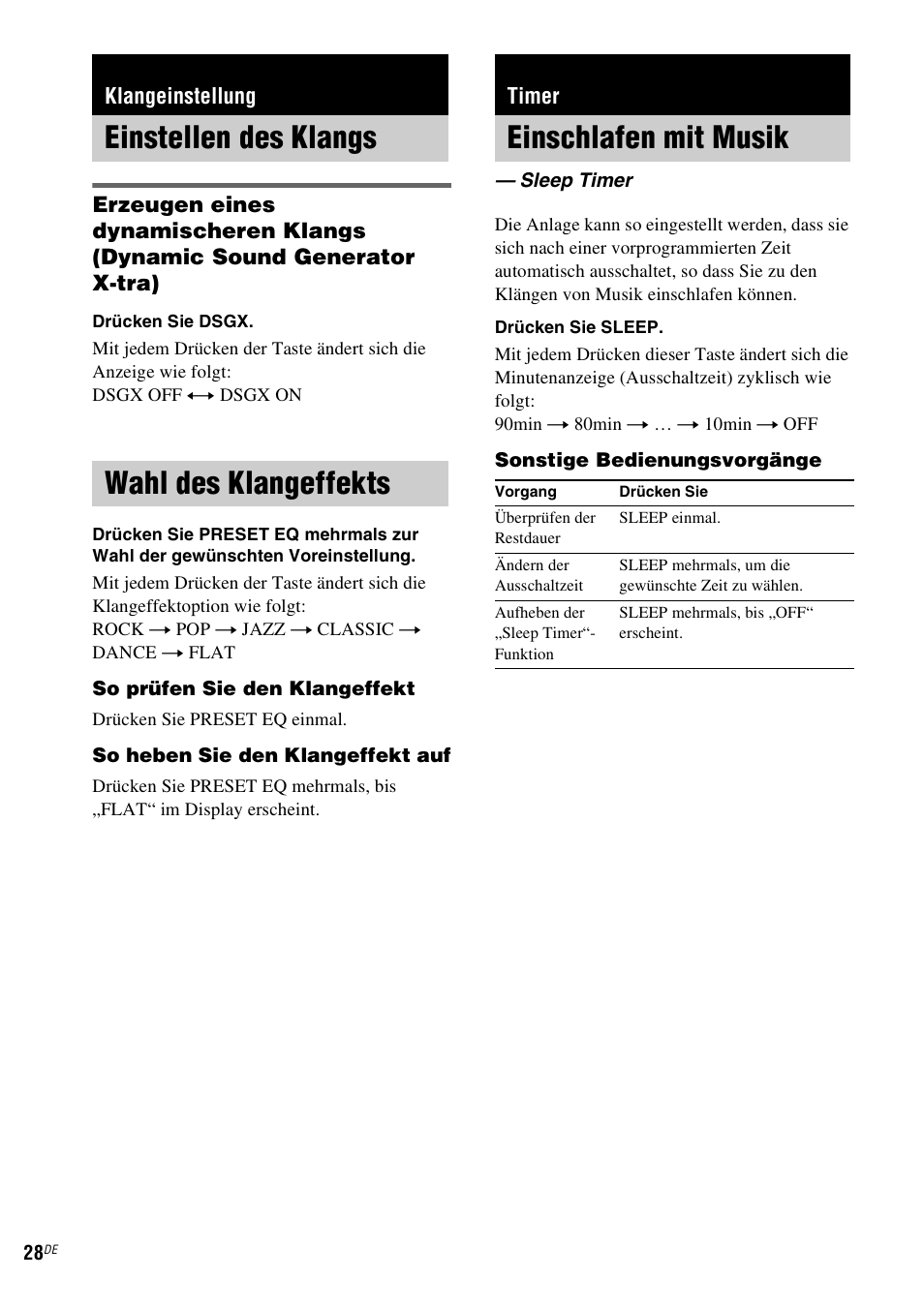 Klangeinstellung, Einstellen des klangs, Wahl des klangeffekts | Timer, Einschlafen mit musik, Sleep timer, Einstellen des klangs wahl des klangeffekts | Sony NAS-CZ1 User Manual | Page 145 / 435