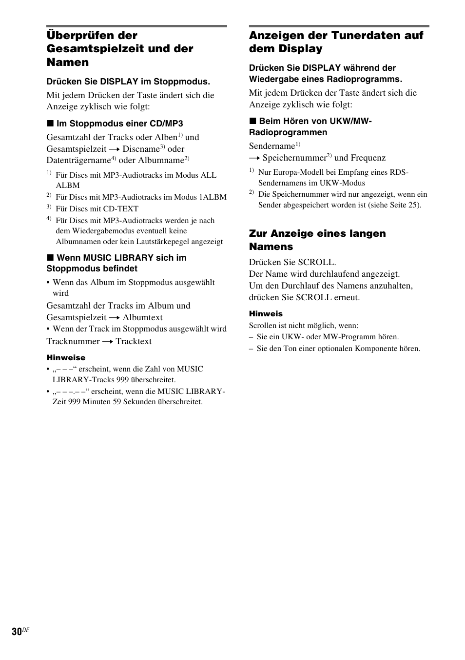 Überprüfen der gesamtspielzeit und der namen, Anzeigen der tunerdaten auf dem display, Zur anzeige eines langen namens | Sony NAS-CZ1 User Manual | Page 147 / 435