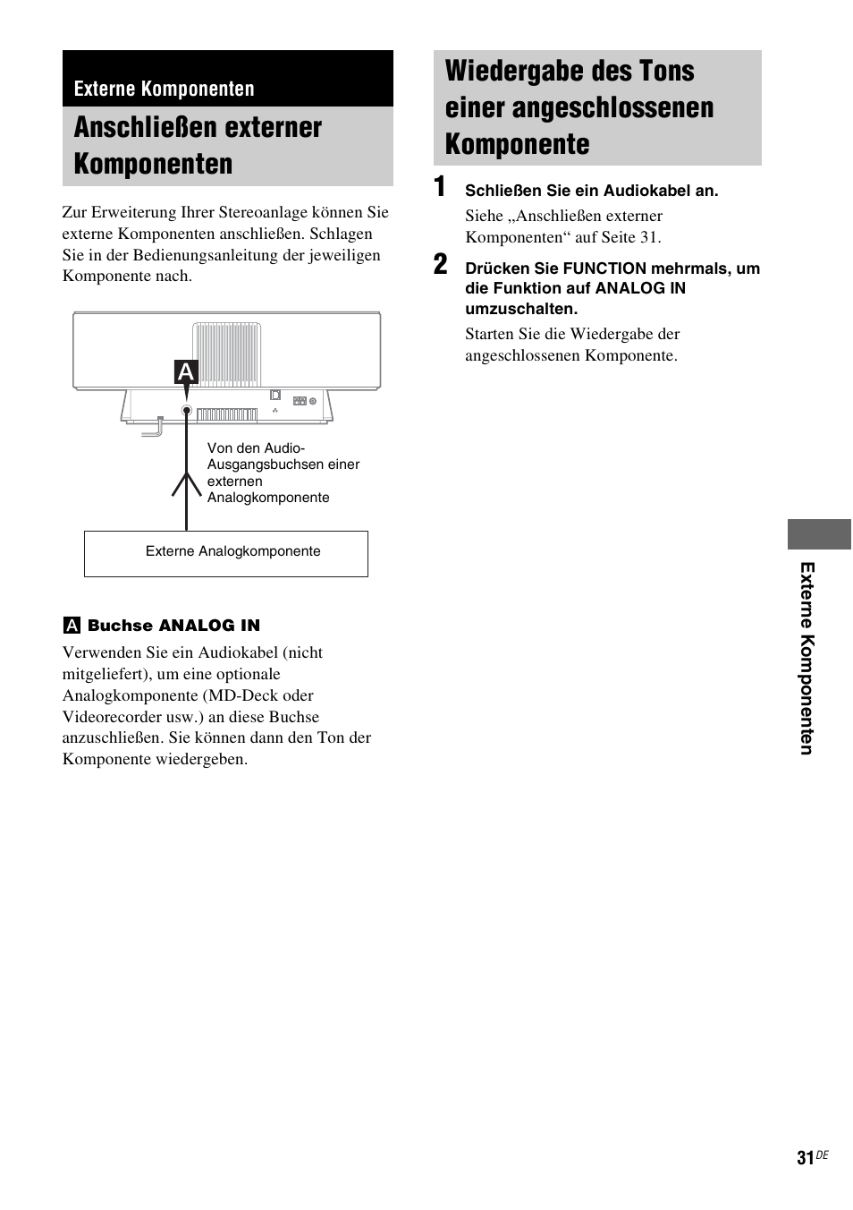Externe komponenten, Anschließen externer komponenten, Angeschlossenen komponente | Sony NAS-CZ1 User Manual | Page 148 / 435