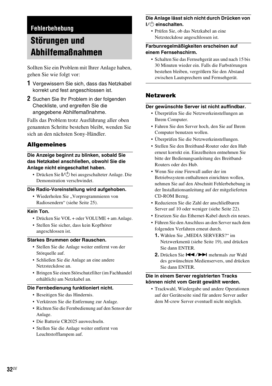 Fehlerbehebung, Störungen und abhilfemaßnahmen | Sony NAS-CZ1 User Manual | Page 149 / 435