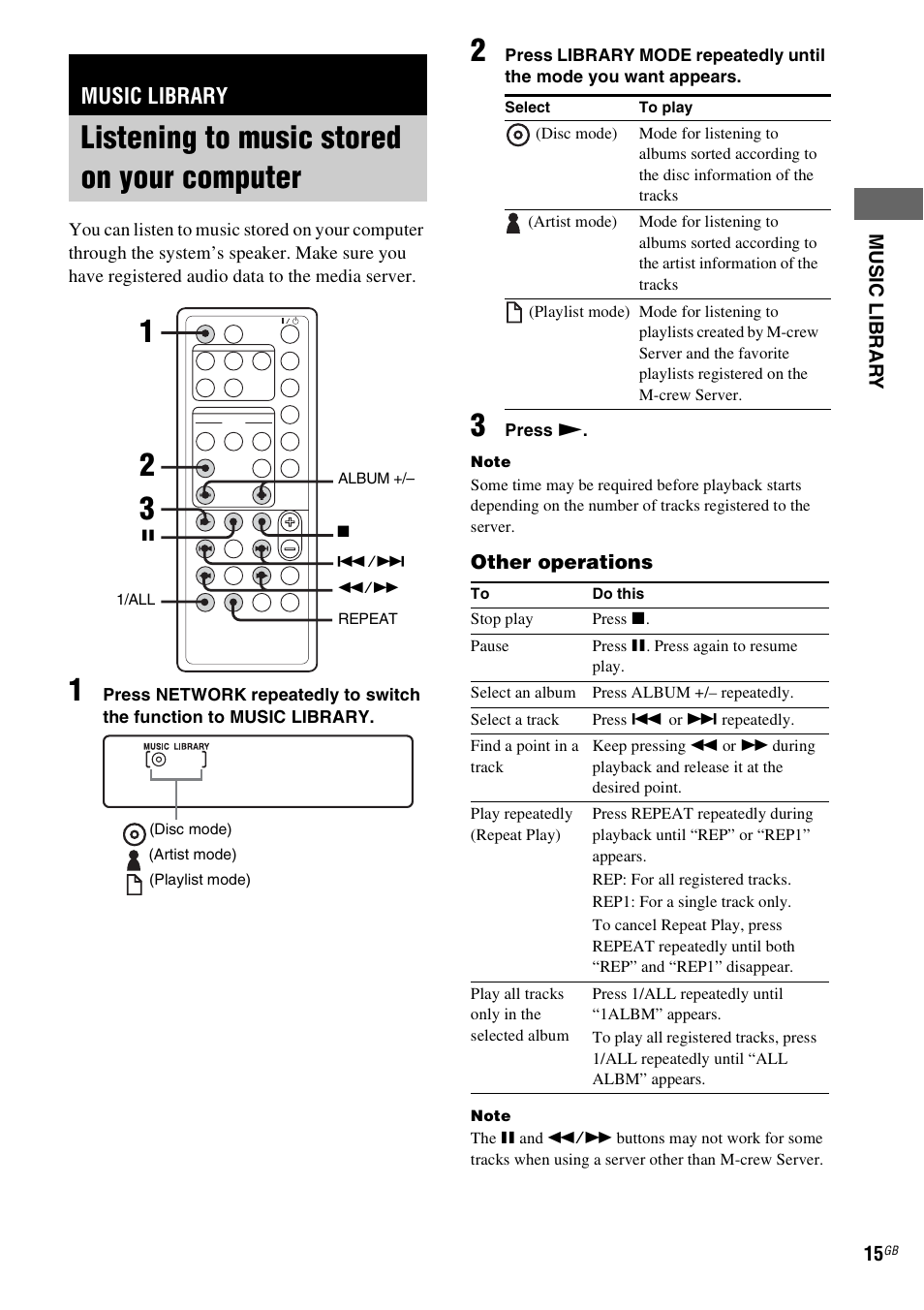 Music library, Listening to music stored on your computer, Listening to music stored on your | Computer, Listening to music stored on your computer 1 2 3 | Sony NAS-CZ1 User Manual | Page 15 / 435