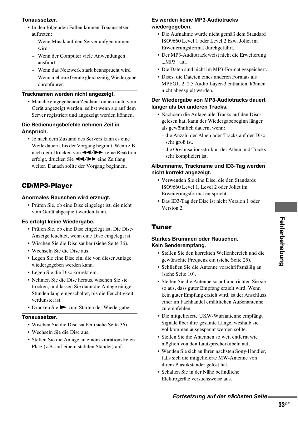 Fe hle rbehe b ung 33, Cd/mp3-player, Tuner | Sony NAS-CZ1 User Manual | Page 150 / 435