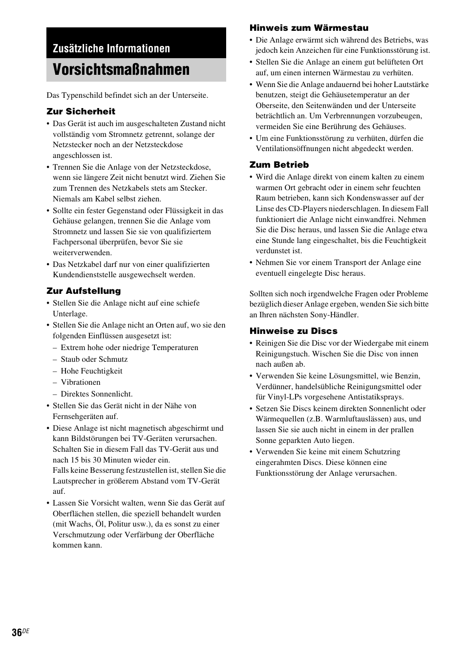 Zusätzliche informationen, Vorsichtsmaßnahmen, Siehe seite 36) | Sony NAS-CZ1 User Manual | Page 153 / 435