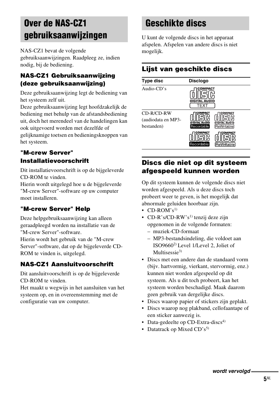 Over de nas-cz1 gebruiksaanwijzingen, Geschikte discs, Over de nas-cz1 | Gebruiksaanwijzingen | Sony NAS-CZ1 User Manual | Page 163 / 435