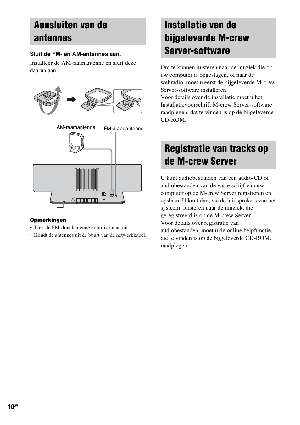 Aansluiten van de antennes, Registratie van tracks op de m-crew server, Server-software | Registratie van tracks op de m-crew, Server | Sony NAS-CZ1 User Manual | Page 168 / 435