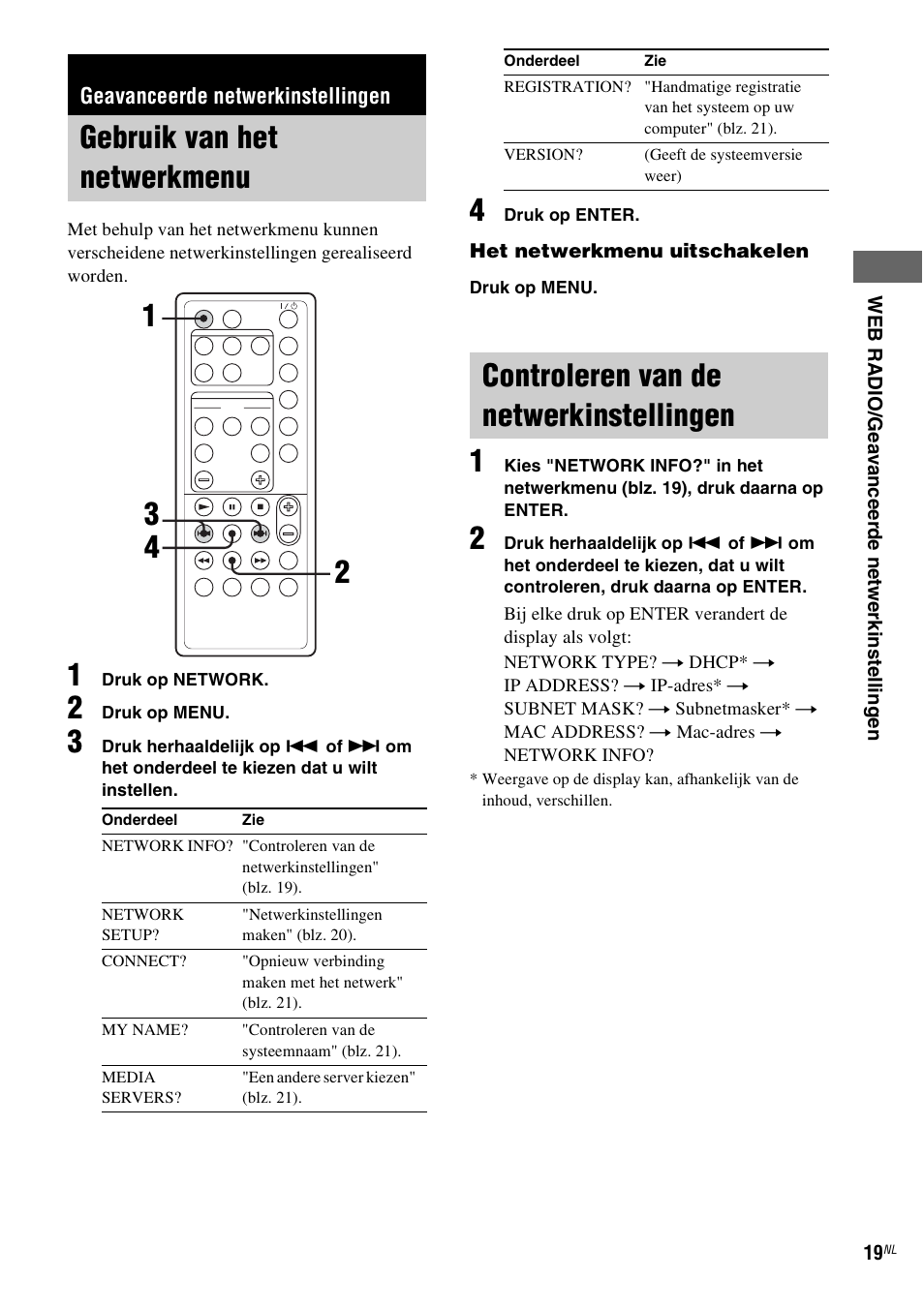 Geavanceerde netwerkinstellingen, Gebruik van het netwerkmenu, Controleren van de netwerkinstellingen | Gebruik van het netwerkmenu controleren van de, Netwerkinstellingen | Sony NAS-CZ1 User Manual | Page 177 / 435