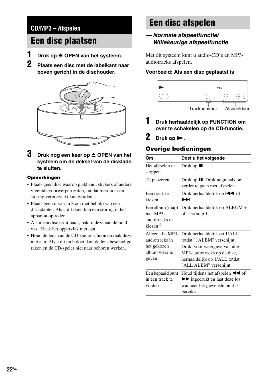 Cd/mp3 - afspelen, Een disc plaatsen, Een disc afspelen | Cd/mp3 – afspelen, Een disc plaatsen een disc afspelen | Sony NAS-CZ1 User Manual | Page 180 / 435