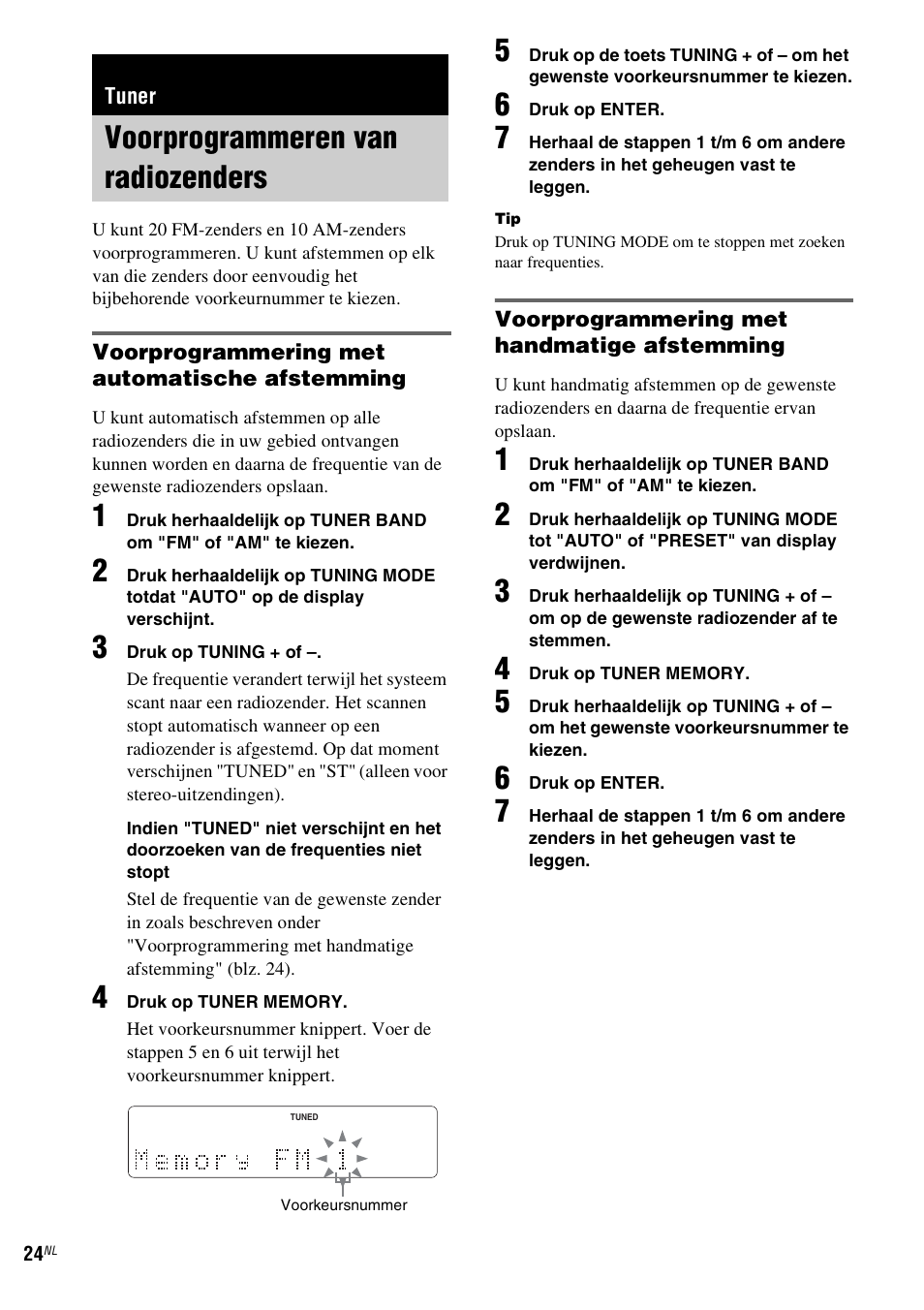 Tuner, Voorprogrammeren van radiozenders, Voorprogrammeren van | Radiozenders | Sony NAS-CZ1 User Manual | Page 182 / 435