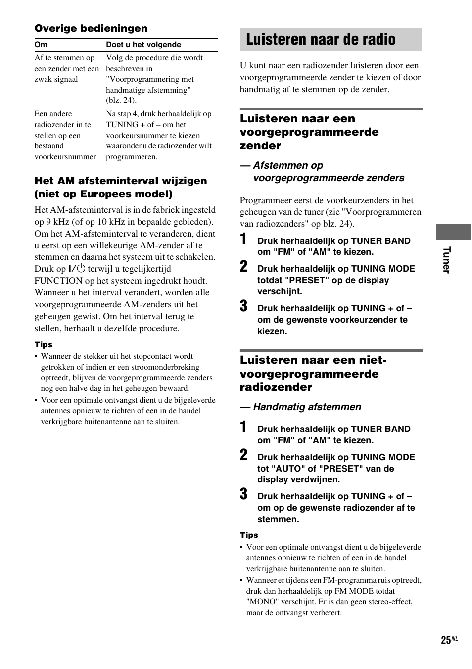 Luisteren naar de radio, Afstemmen op voorgeprogrammeerde zenders, Handmatig afstemmen | Sony NAS-CZ1 User Manual | Page 183 / 435