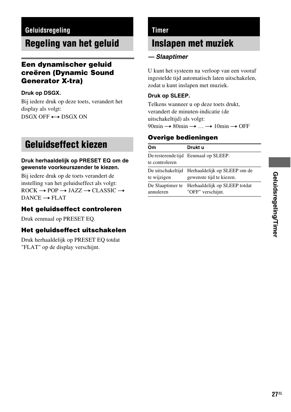 Geluidsregeling, Regeling van het geluid, Geluidseffect kiezen | Timer, Inslapen met muziek, Slaaptimer, Regeling van het geluid geluidseffect kiezen | Sony NAS-CZ1 User Manual | Page 185 / 435