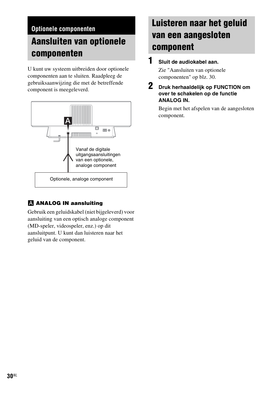 Optionele componenten, Aansluiten van optionele componenten, Aansluiten van optionele | Componenten, Luisteren naar het geluid van een, Aangesloten component | Sony NAS-CZ1 User Manual | Page 188 / 435