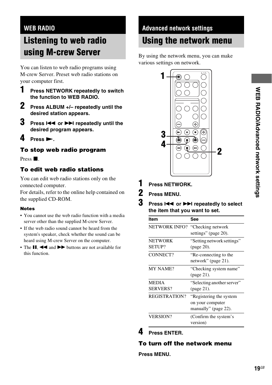 Web radio, Listening to web radio using m�crew server, Advanced network settings | Using the network menu, Listening to web radio using m-crew, Server, Listening to web radio using m-crew server | Sony NAS-CZ1 User Manual | Page 19 / 435