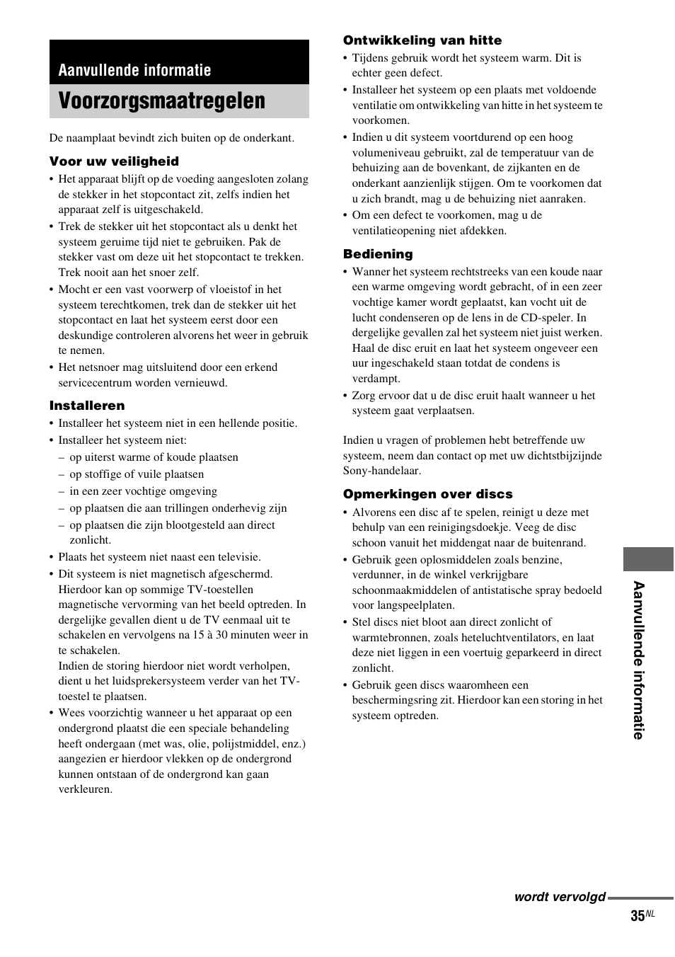 Aanvullende informatie, Voorzorgsmaatregelen, Oon (blz. 35) | Sony NAS-CZ1 User Manual | Page 193 / 435