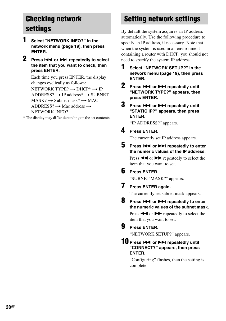 Checking network settings, Setting network settings, Checking network settings setting network settings | Sony NAS-CZ1 User Manual | Page 20 / 435