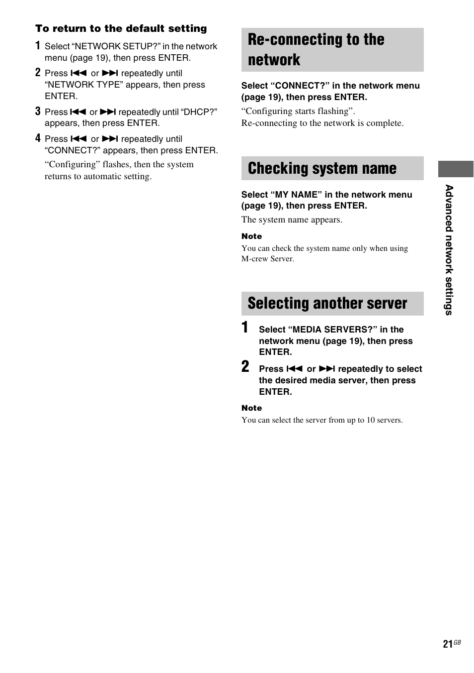 Re-connecting to the network, Checking system name, Selecting another server | Sony NAS-CZ1 User Manual | Page 21 / 435