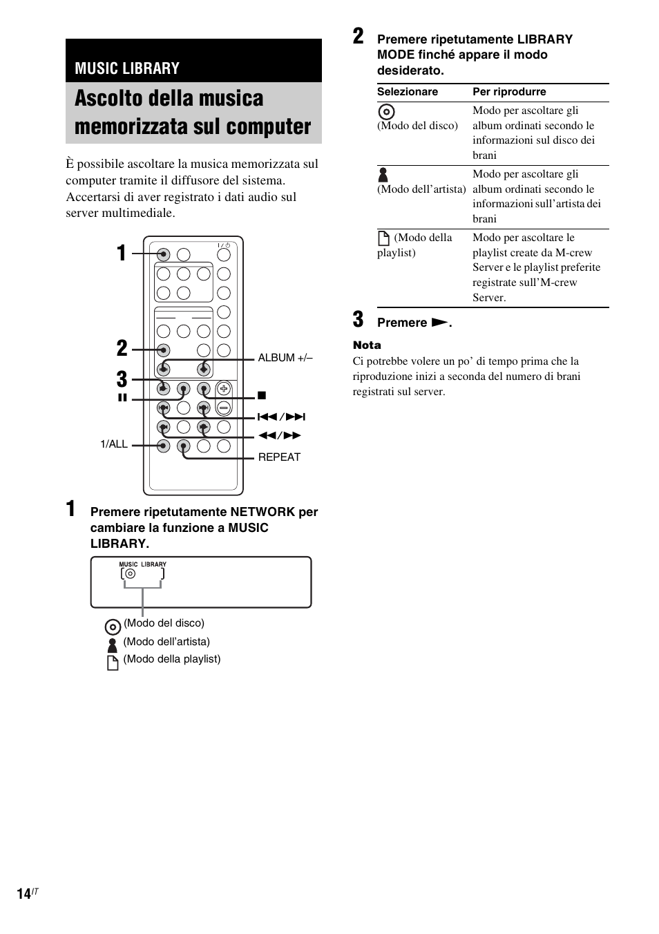 Music library, Ascolto della musica memorizzata sul computer, Ascolto della musica memorizzata sul | Computer | Sony NAS-CZ1 User Manual | Page 212 / 435