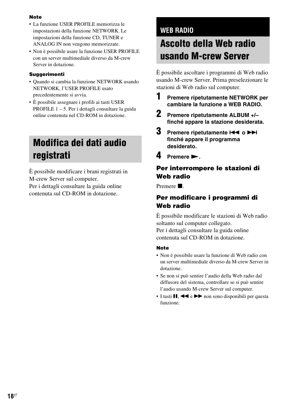 Modifica dei dati audio registrati, Web radio, Ascolto della web radio usando m-crew server | Ascolto della web radio usando, M-crew server | Sony NAS-CZ1 User Manual | Page 216 / 435