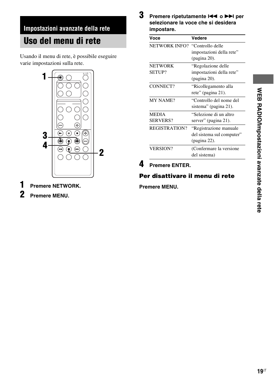 Impostazioni avanzate della rete, Uso del menu di rete, Uso del menu di rete 1 3 2 4 | Sony NAS-CZ1 User Manual | Page 217 / 435