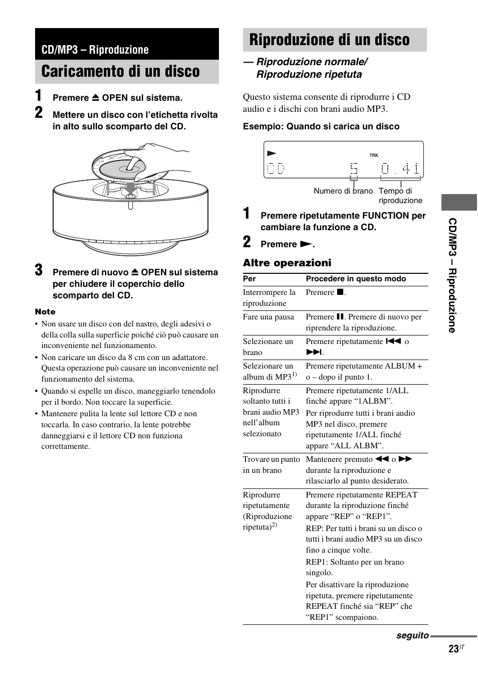 Cd/mp3 - riproduzione, Caricamento di un disco, Riproduzione di un disco | Riproduzione normale/ riproduzione ripetuta, Cd/mp3 – riproduzione, Caricamento di un disco riproduzione di un disco | Sony NAS-CZ1 User Manual | Page 221 / 435