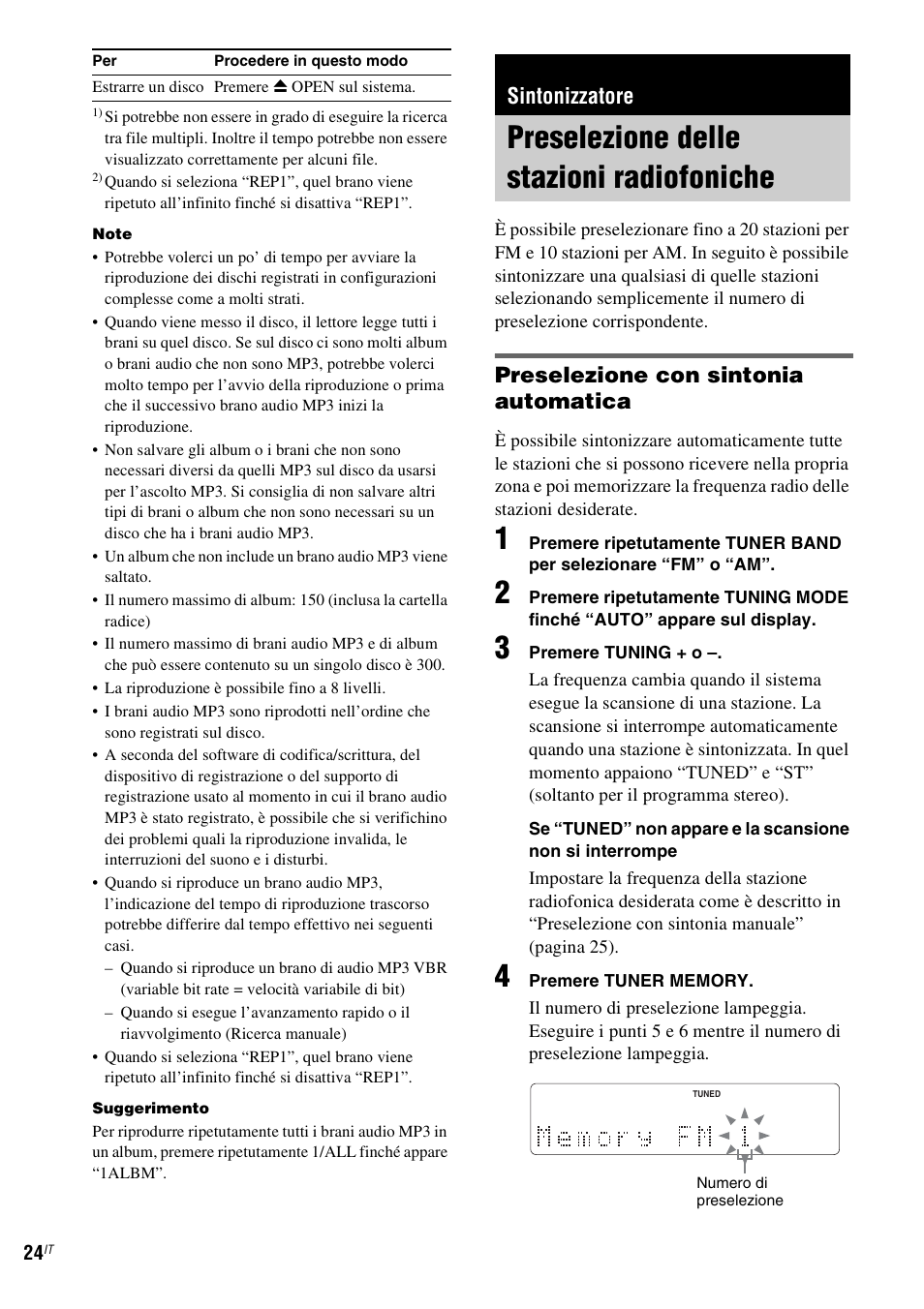 Sintonizzatore, Preselezione delle stazioni radiofoniche, Preselezione delle stazioni | Radiofoniche, Preselezione con sintonia automatica | Sony NAS-CZ1 User Manual | Page 222 / 435