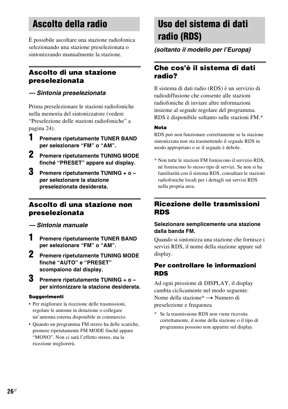 Ascolto della radio, Sintonia preselezionata, Sintonia manuale | Uso del sistema di dati radio (rds), Soltanto il modello per l’europa), Sintonia preselezionata — sintonia manuale | Sony NAS-CZ1 User Manual | Page 224 / 435