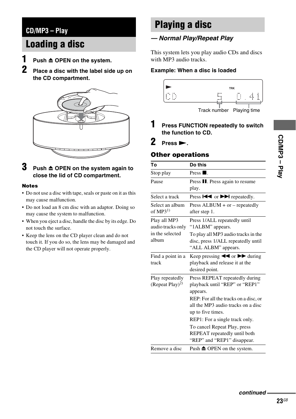 Cd/mp3 - play, Loading a disc, Playing a disc | Normal play/repeat play, Cd/mp3 – play, Loading a disc playing a disc | Sony NAS-CZ1 User Manual | Page 23 / 435