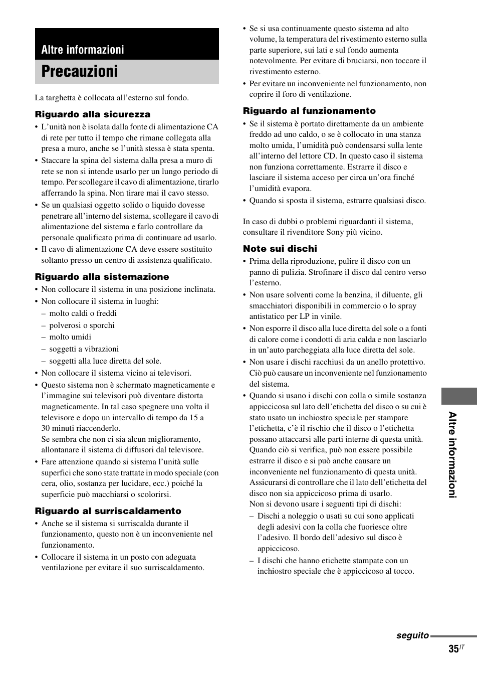 Altre informazioni, Precauzioni | Sony NAS-CZ1 User Manual | Page 233 / 435