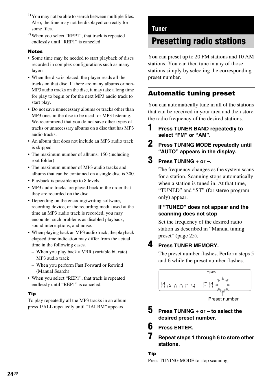 Tuner, Presetting radio stations, Automatic tuning preset | Sony NAS-CZ1 User Manual | Page 24 / 435