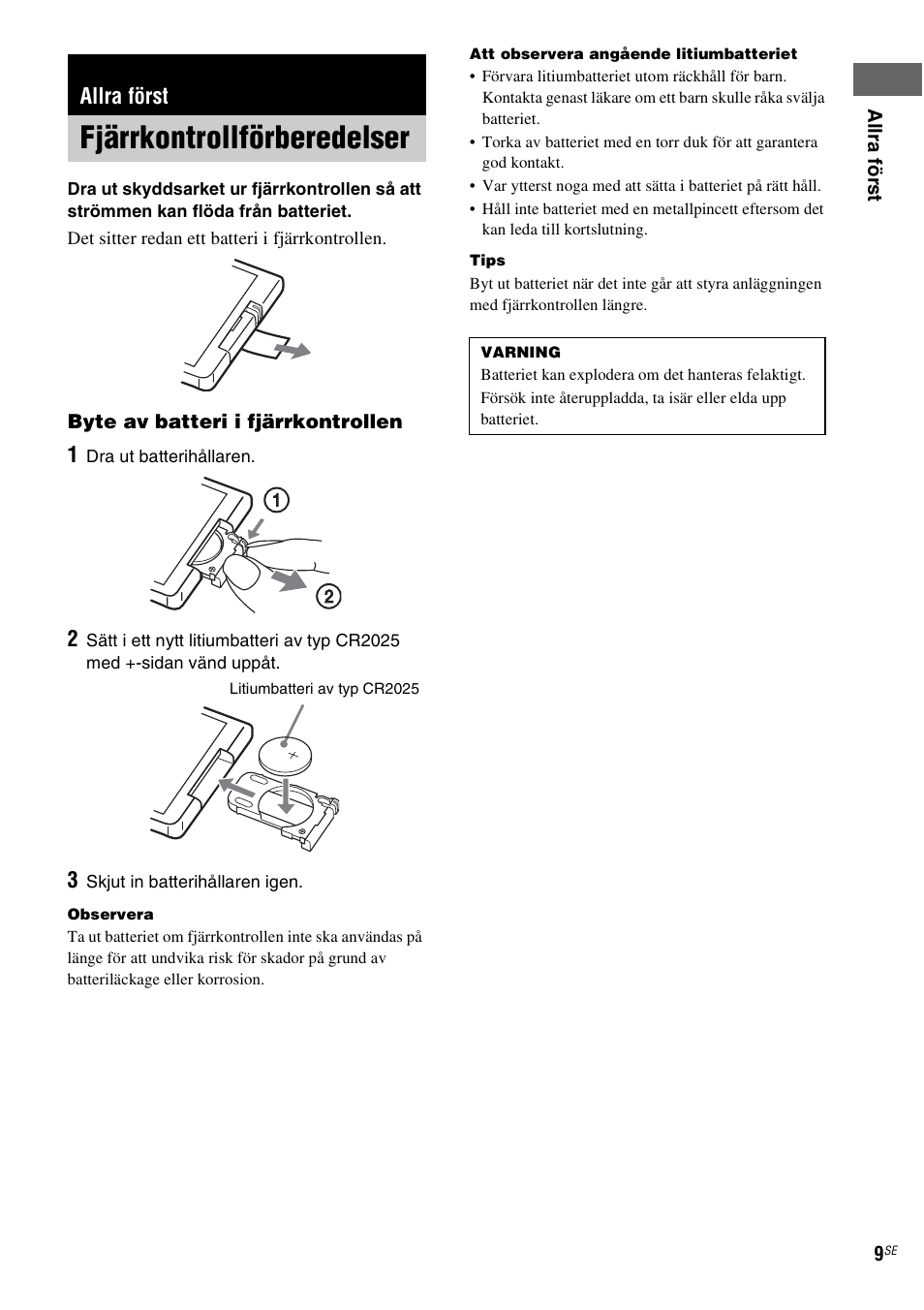 Allra först, Fjärrkontrollförberedelser | Sony NAS-CZ1 User Manual | Page 247 / 435