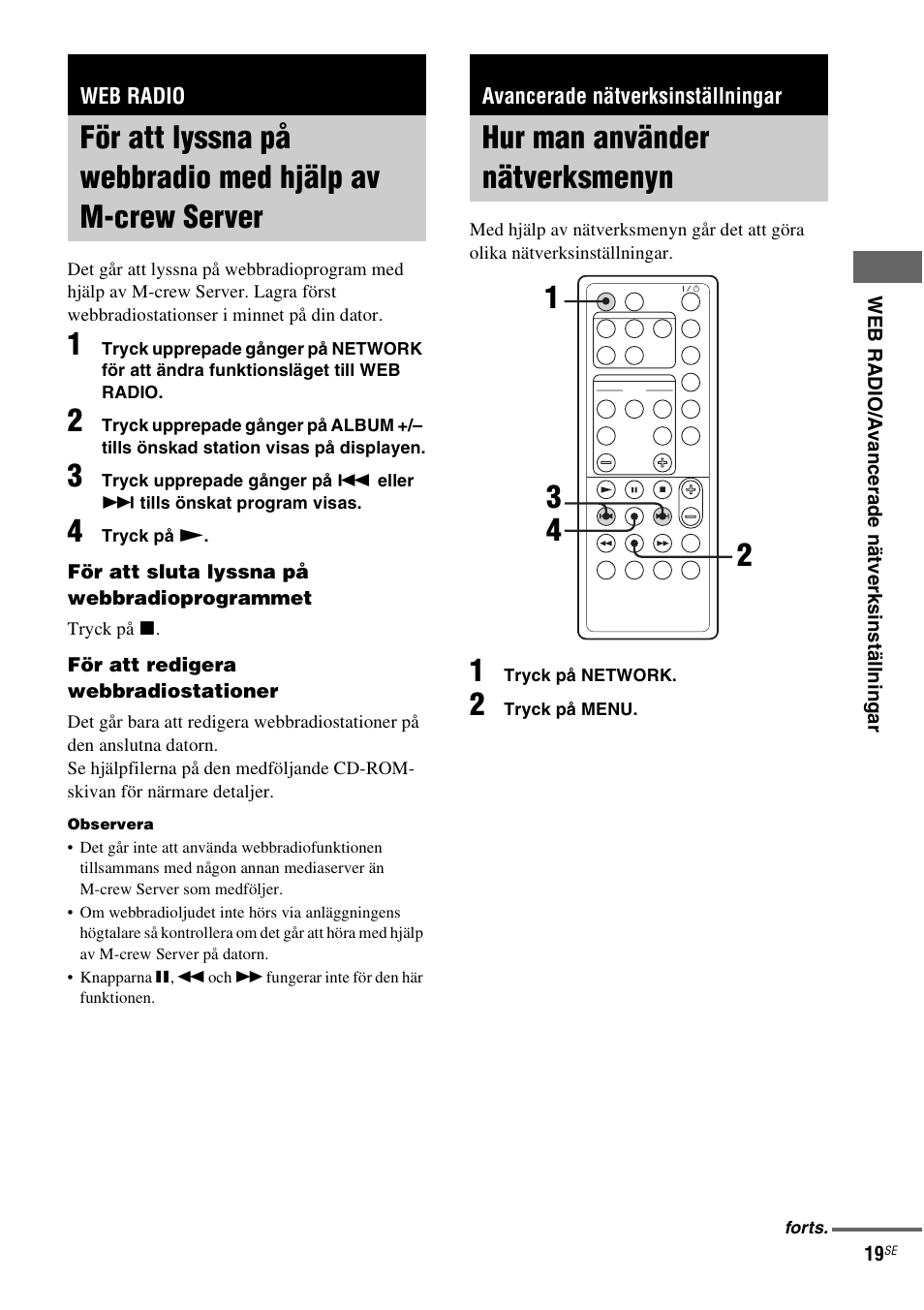 Web radio, Avancerade nätverksinställningar, Hur man använder nätverksmenyn | För att lyssna på webbradio med hjälp av, M-crew server, Hur man använder nätverksmenyn 1 3 2 4 | Sony NAS-CZ1 User Manual | Page 257 / 435
