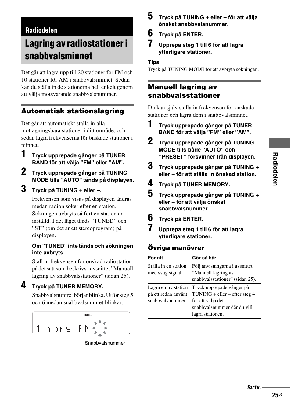 Radiodelen, Lagring av radiostationer i snabbvalsminnet, Lagring av radiostationer i | Snabbvalsminnet | Sony NAS-CZ1 User Manual | Page 263 / 435