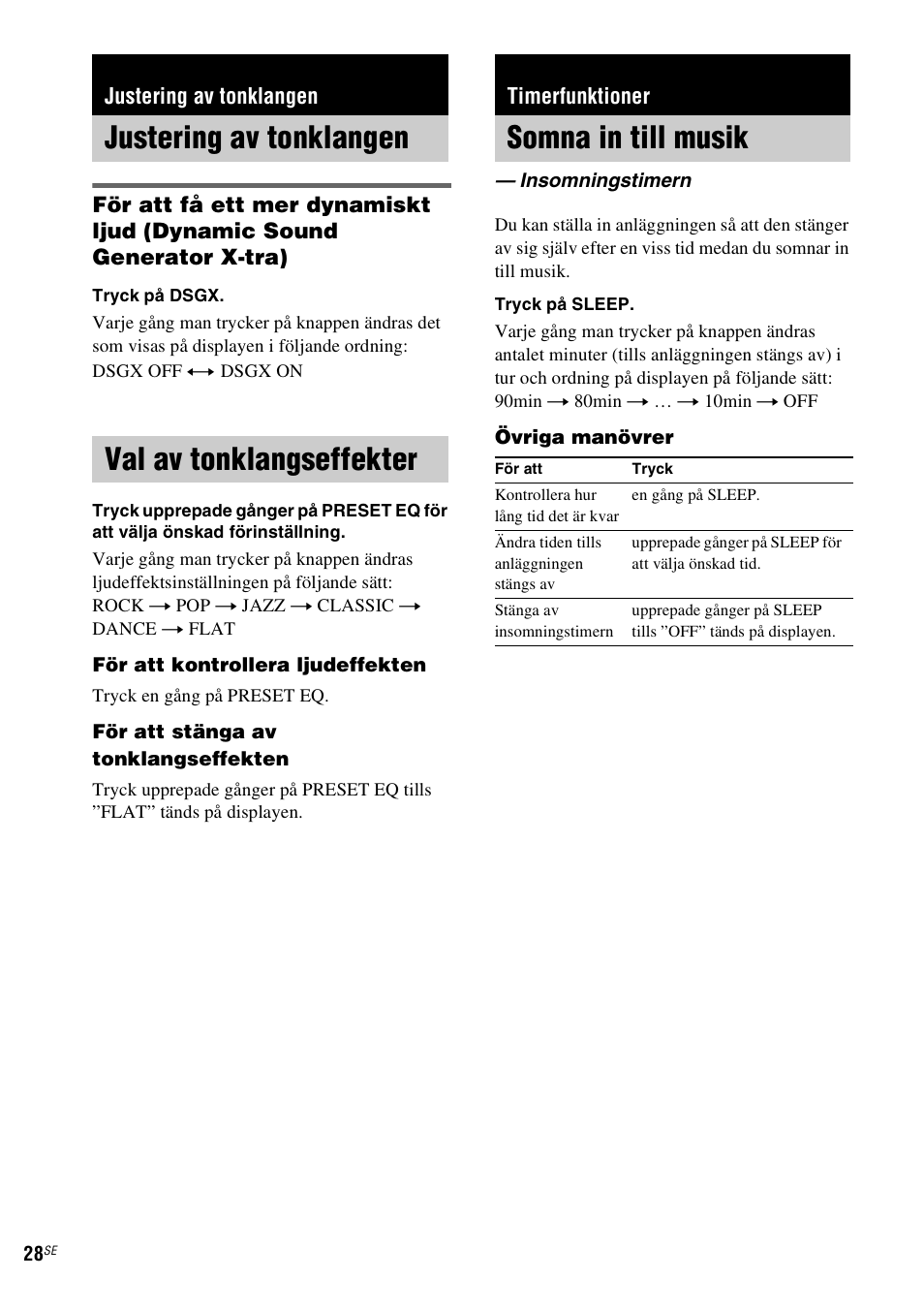 Justering av tonklangen, Val av tonklangseffekter, Timerfunktioner | Somna in till musik, Insomningstimern, Justering av tonklangen val av tonklangseffekter | Sony NAS-CZ1 User Manual | Page 266 / 435