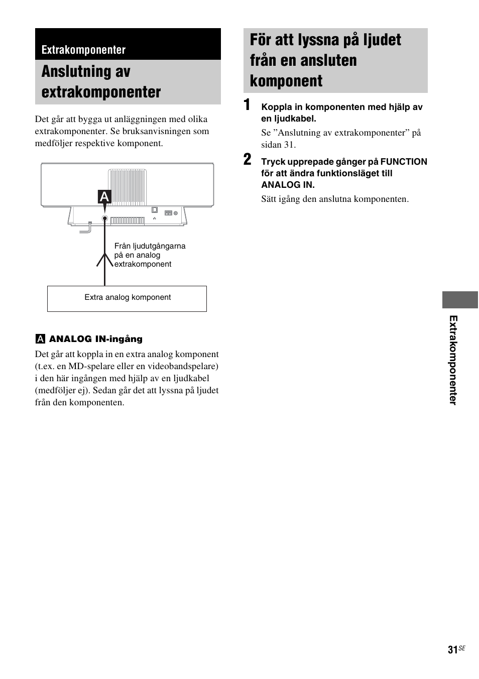 Extrakomponenter, Anslutning av extrakomponenter, Komponent | Sony NAS-CZ1 User Manual | Page 269 / 435