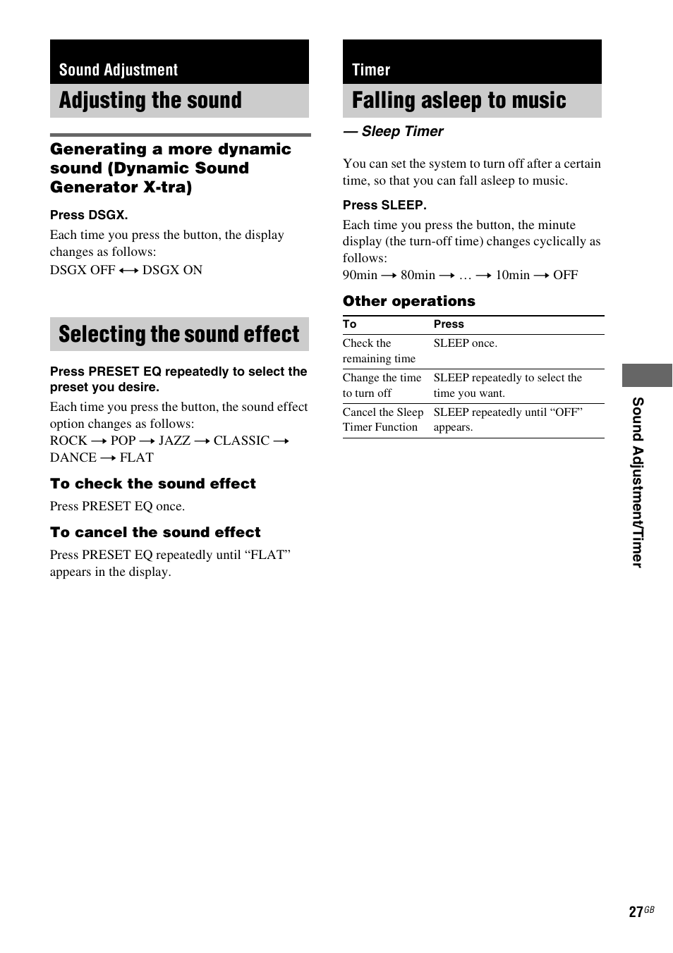 Sound adjustment, Adjusting the sound, Selecting the sound effect | Timer, Falling asleep to music, Sleep timer, Adjusting the sound selecting the sound effect | Sony NAS-CZ1 User Manual | Page 27 / 435