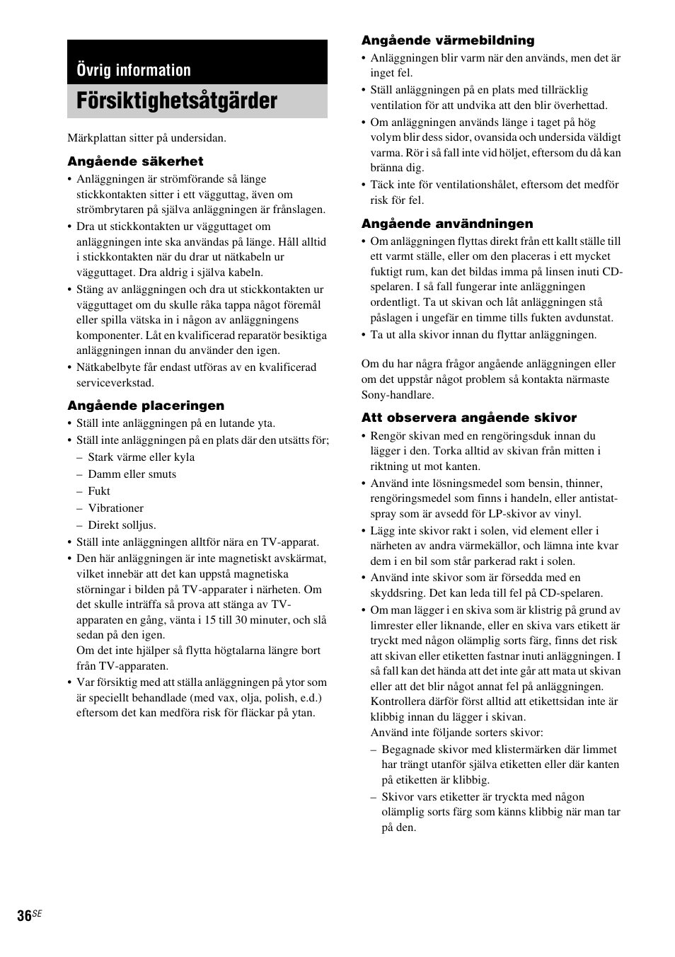 Övrig information, Försiktighetsåtgärder, Sidan 36) | Sony NAS-CZ1 User Manual | Page 274 / 435