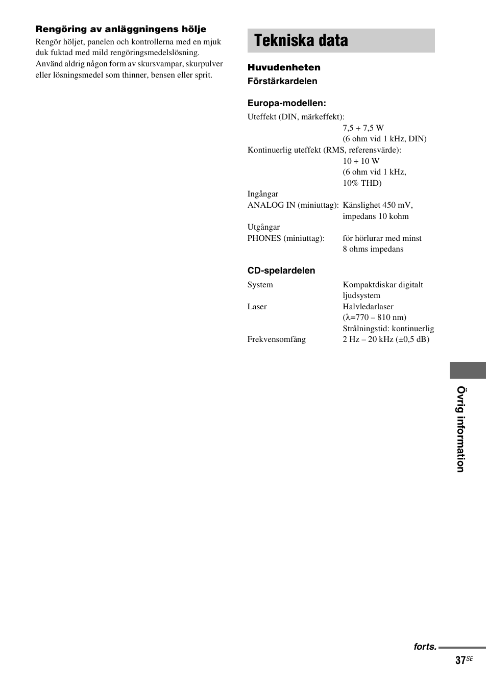 Tekniska data | Sony NAS-CZ1 User Manual | Page 275 / 435