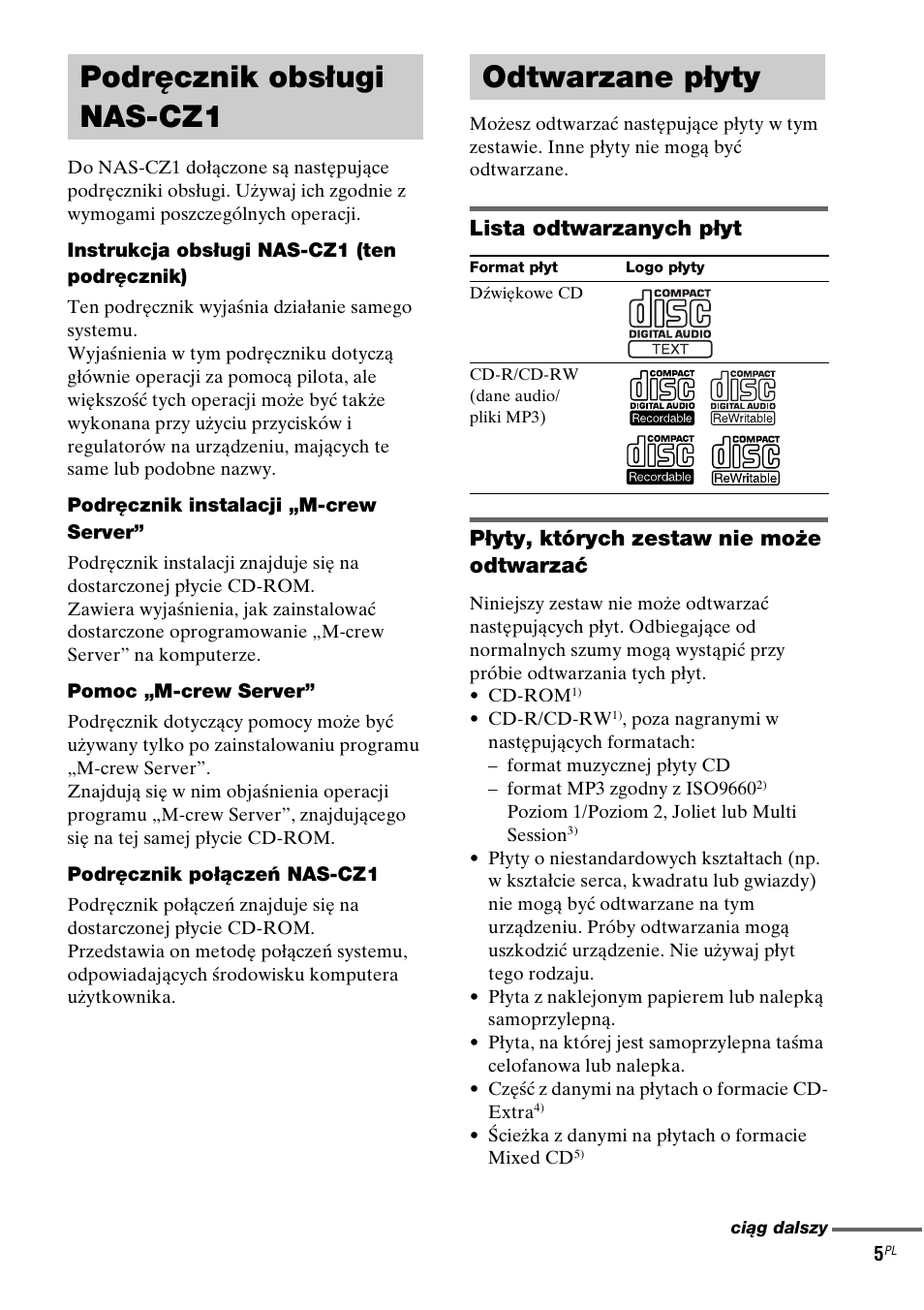 Podręcznik obsługi nas-cz1, Odtwarzane płyty, Podręcznik obsługi nas-cz1 odtwarzane płyty | Sony NAS-CZ1 User Manual | Page 283 / 435