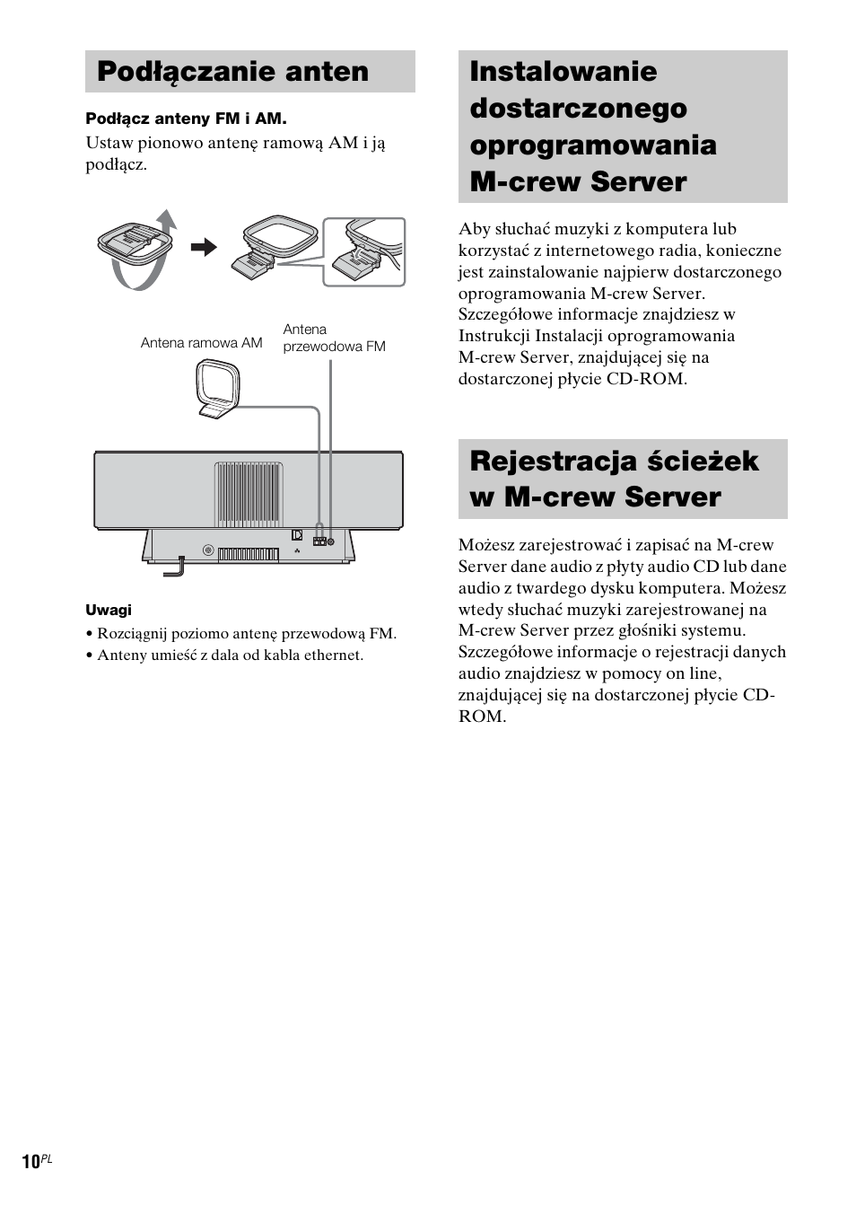 Podłączanie anten, Rejestracja ścieżek w m-crew server, Podłączanie anten instalowanie dostarczonego | Oprogramowania m-crew server, Rejestracja ścieżek w, M-crew server | Sony NAS-CZ1 User Manual | Page 288 / 435