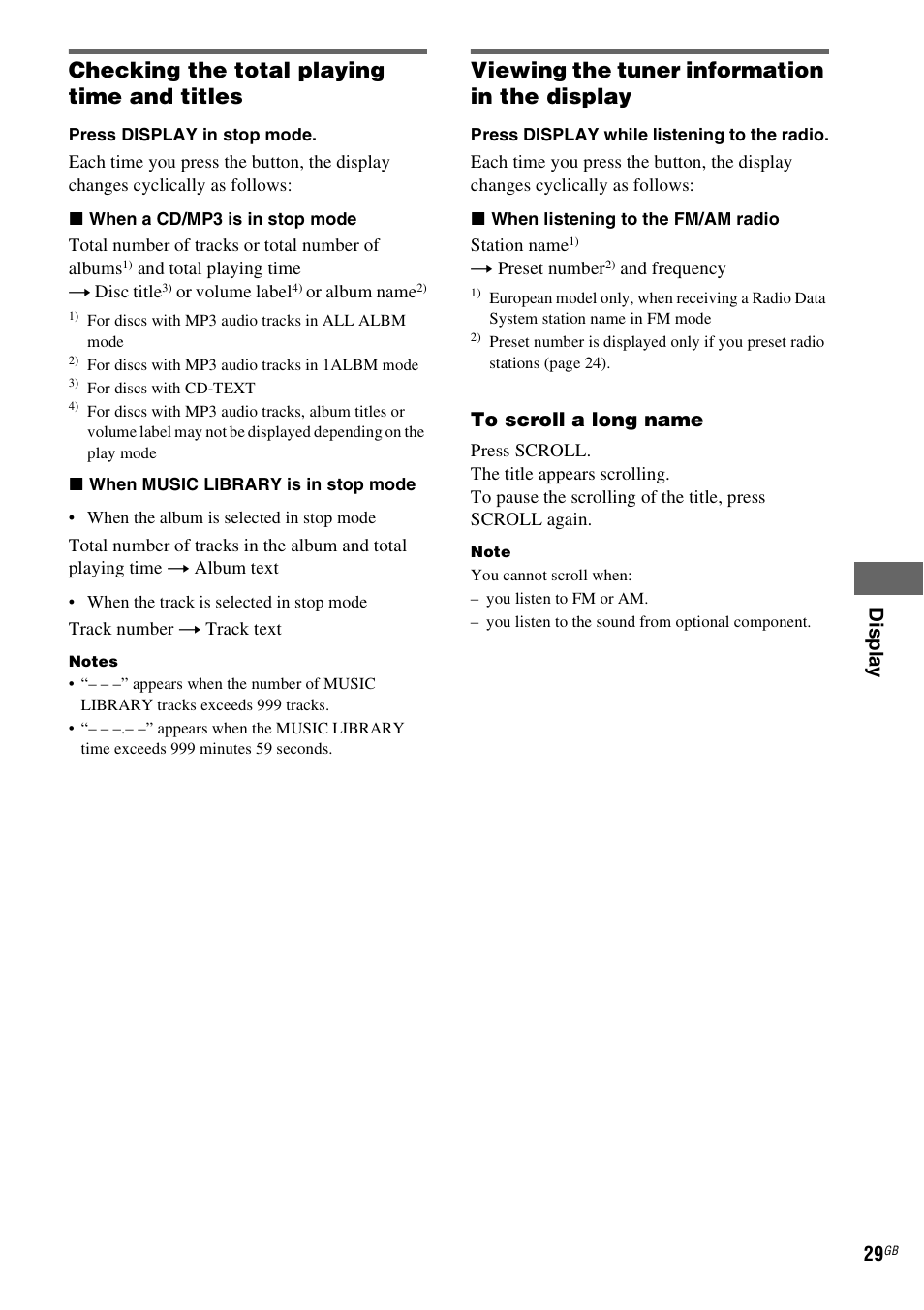 Checking the total playing time and titles, Viewing the tuner information in the display | Sony NAS-CZ1 User Manual | Page 29 / 435