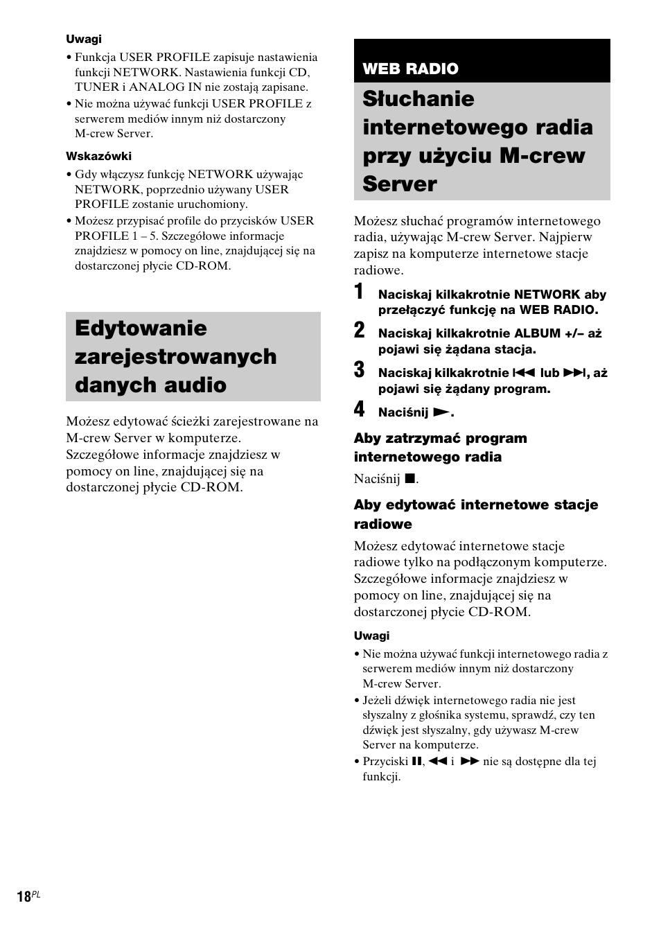 Edytowanie zarejestrowanych danych audio, Web radio, Edytowanie zarejestrowanych danych | Audio, Słuchanie internetowego radia przy, Użyciu m-crew server | Sony NAS-CZ1 User Manual | Page 296 / 435