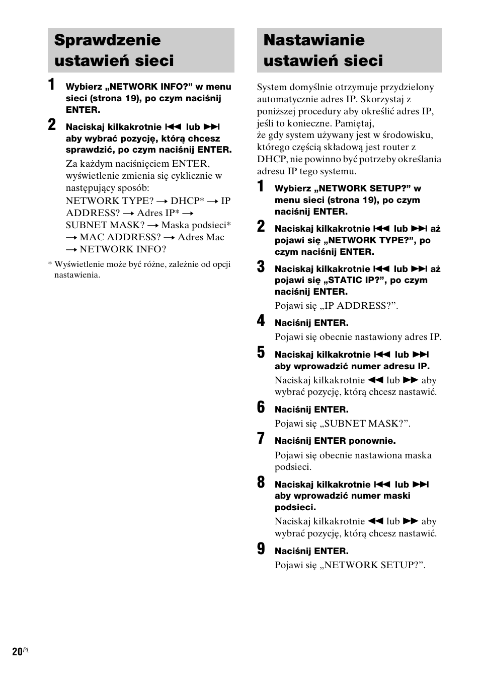 Sprawdzenie ustawień sieci, Nastawianie ustawień sieci, Sprawdzenie | Sony NAS-CZ1 User Manual | Page 298 / 435