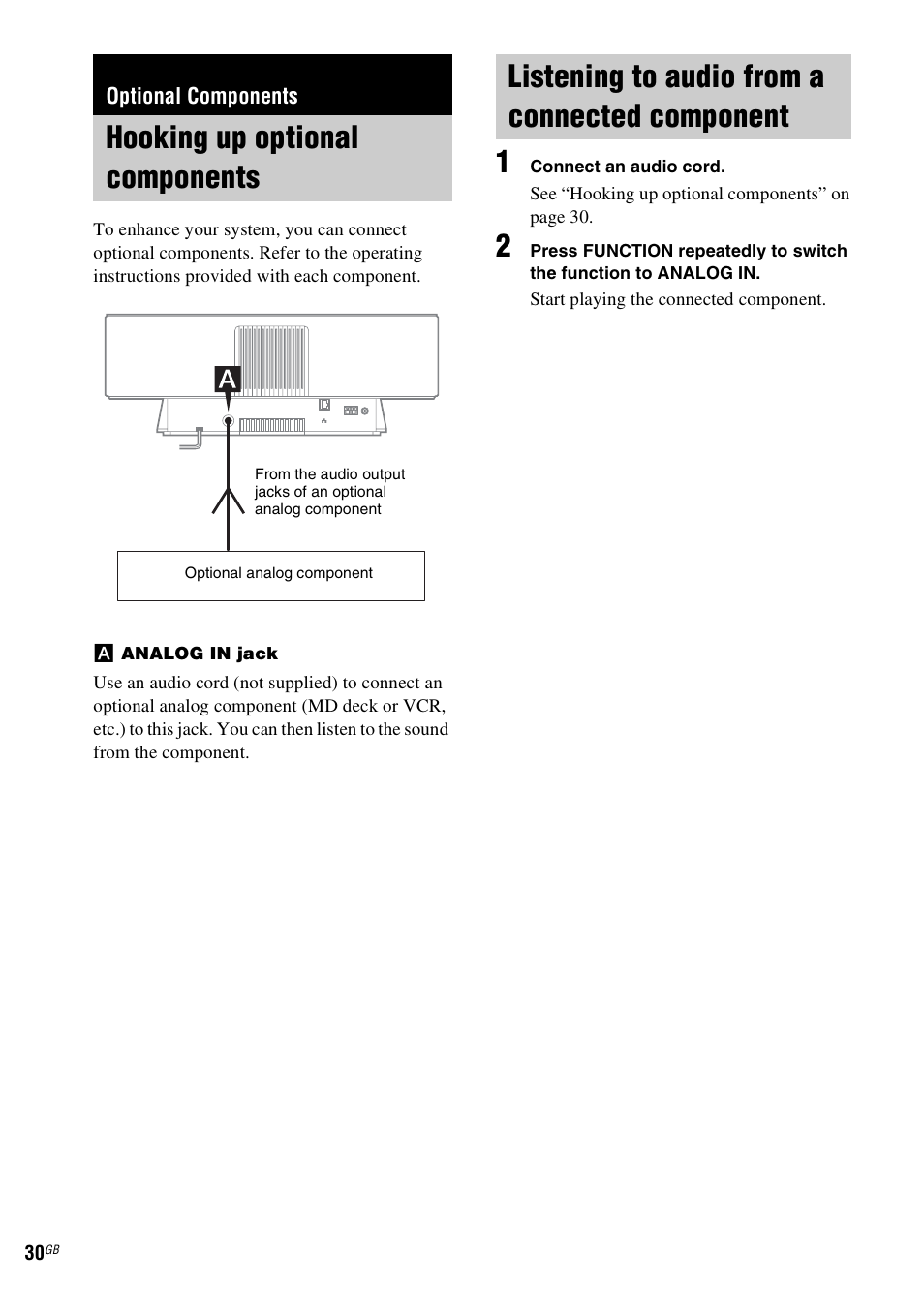 Optional components, Hooking up optional components, Listening to audio from a connected component | Component | Sony NAS-CZ1 User Manual | Page 30 / 435