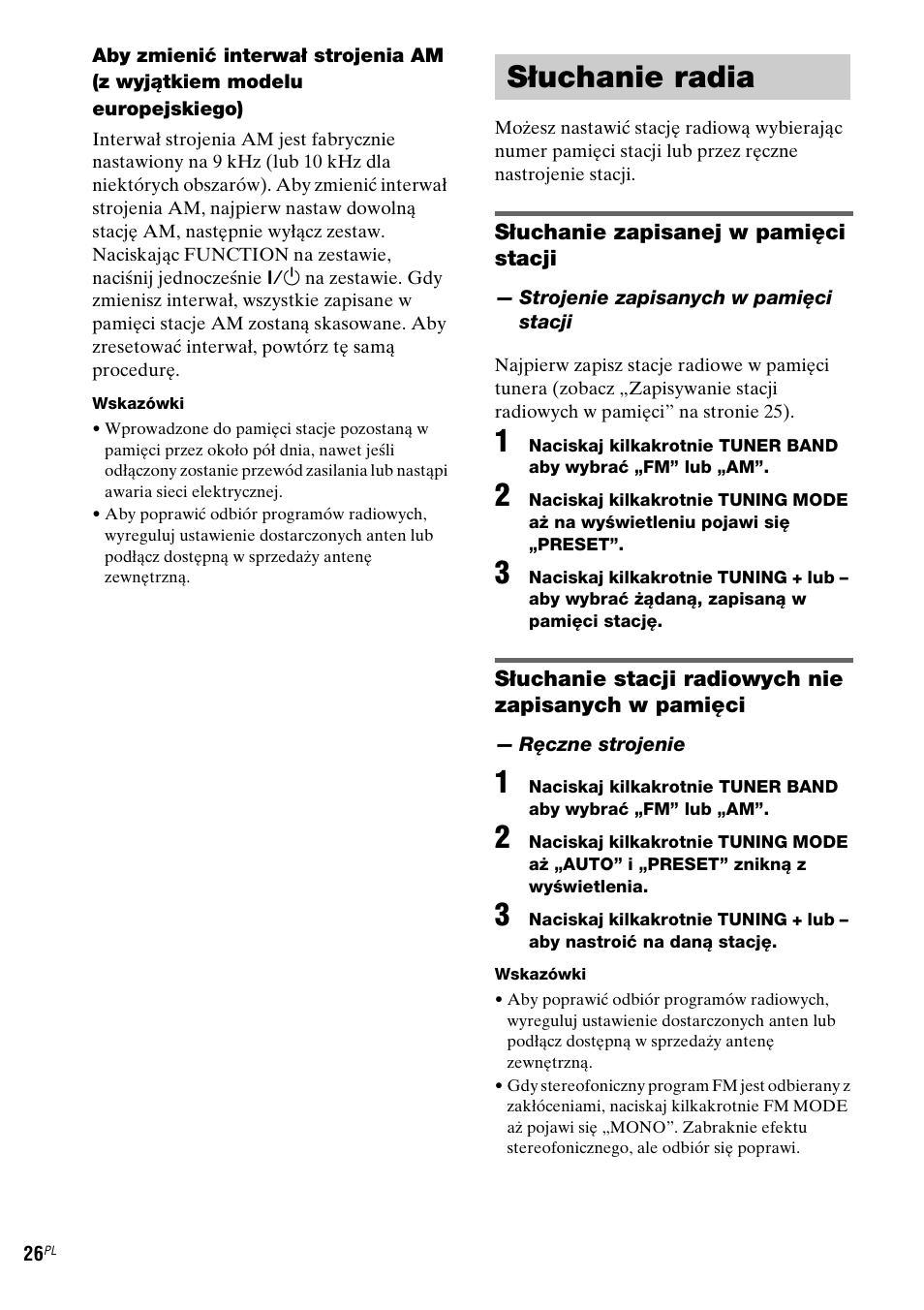 Słuchanie radia, Strojenie zapisanych w pamięci stacji, Ręczne strojenie | Sony NAS-CZ1 User Manual | Page 304 / 435