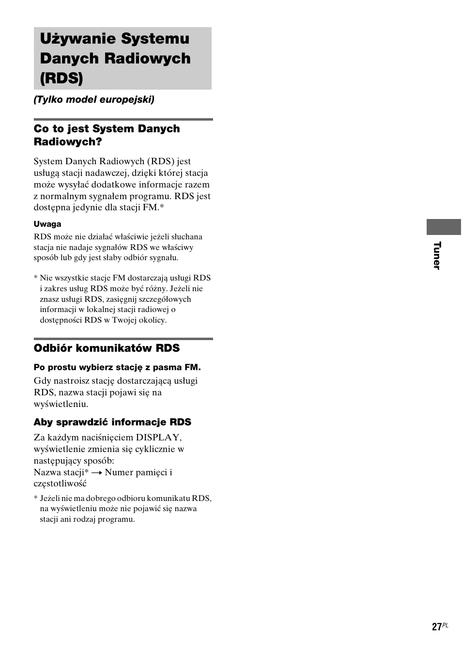 Używanie systemu danych radiowych (rds), Tylko model europejski), Używanie systemu danych radiowych | Rds) (tylko model europejski) | Sony NAS-CZ1 User Manual | Page 305 / 435