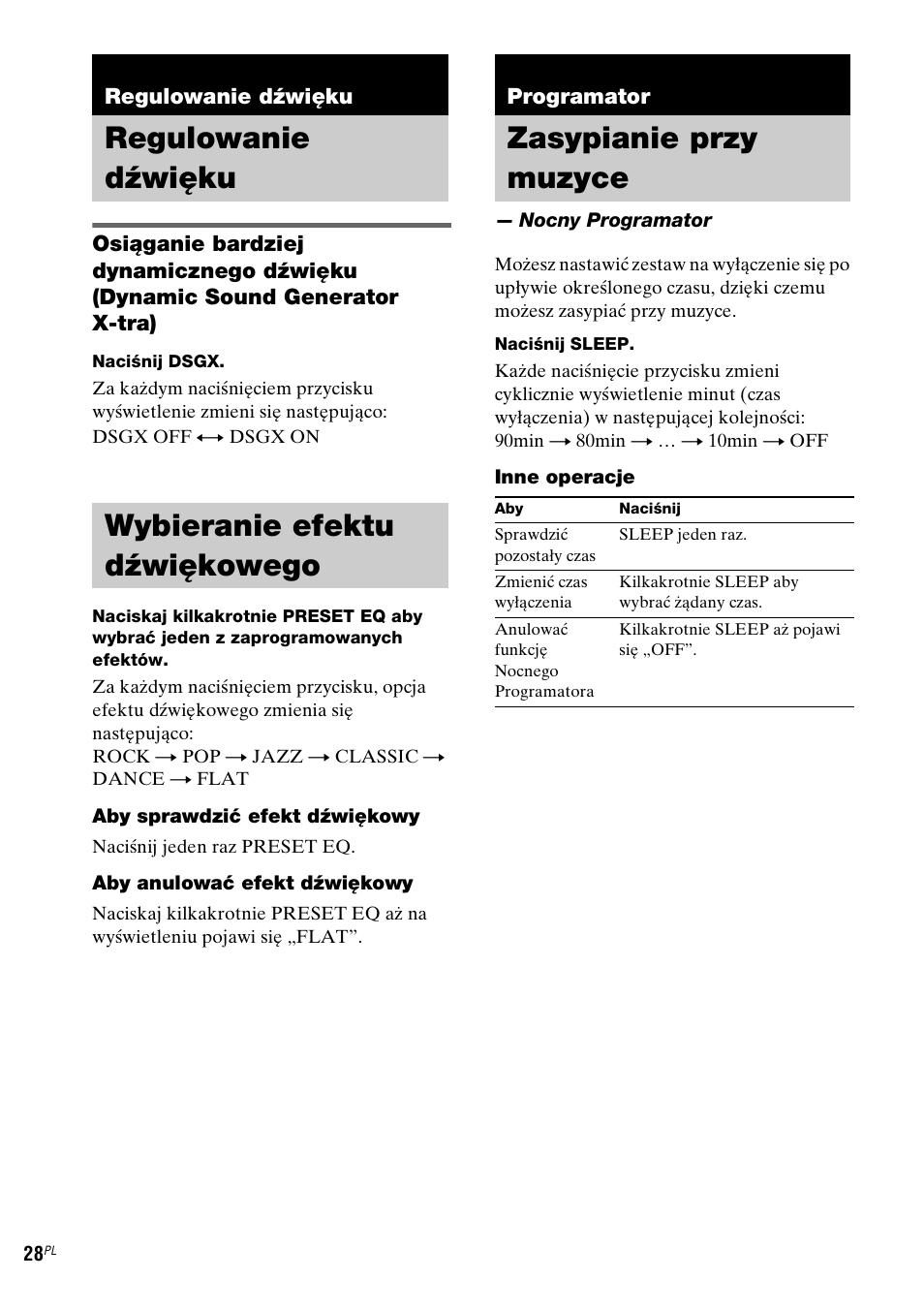 Regulowanie dźwięku, Wybieranie efektu dźwiękowego, Programator | Zasypianie przy muzyce, Nocny programator, Regulowanie dźwięku wybieranie efektu dźwiękowego | Sony NAS-CZ1 User Manual | Page 306 / 435