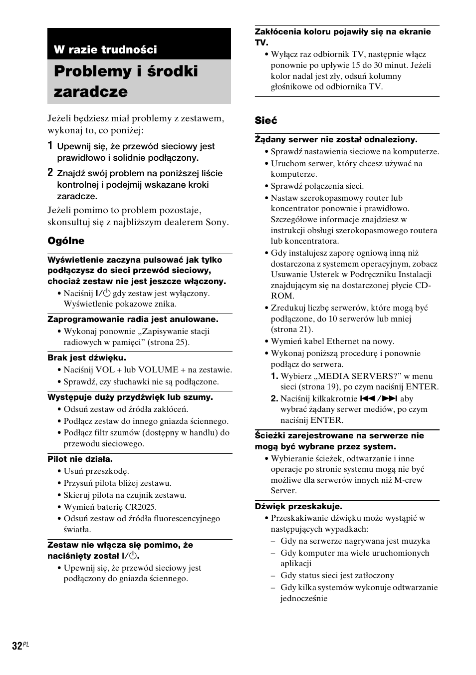 W razie trudności, Problemy i środki zaradcze | Sony NAS-CZ1 User Manual | Page 310 / 435